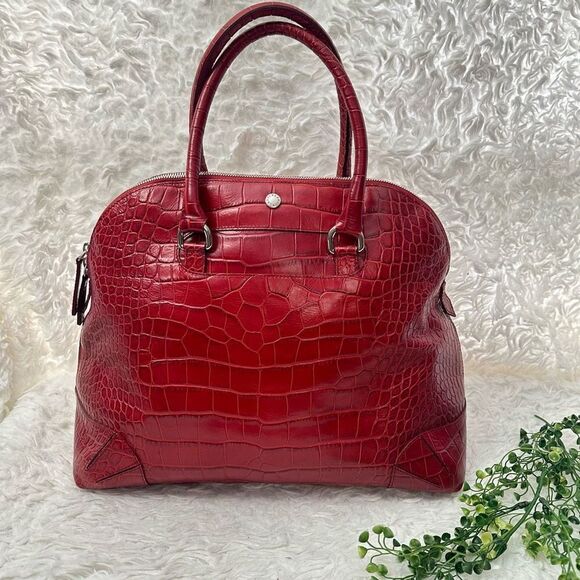 FURLA Ischia Red Cherry Croco Embossed Leather Dome Handbag Zip Top large - Picture 1 of 13